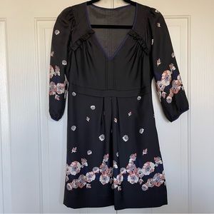 Juicy Couture Black Floral Silk V-neck Babydoll Dress Ruffles Details Size 2
